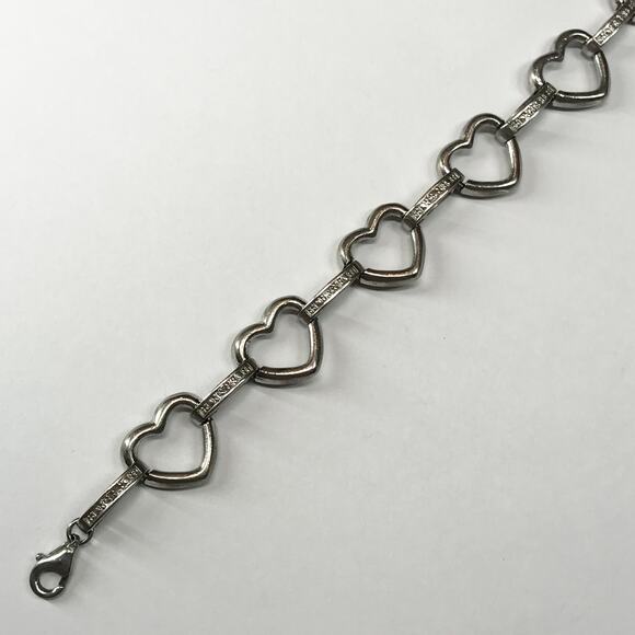 925 Sterling Silver Open Heart Charm and CZ Accented Bar Station Chain Bracelet - Picture 10 of 10